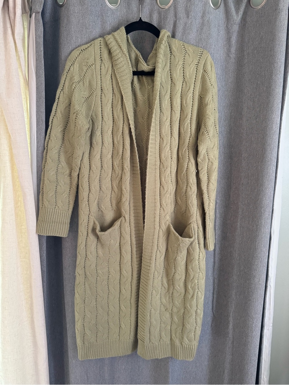 Long Hooded Cable Knit Cardigan in Sage Green